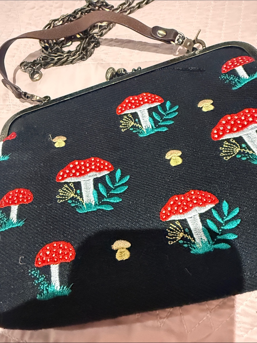 Embroidered Red Mushroom Frame Crossbody Bag - Women Bags - Picture 2 of 7